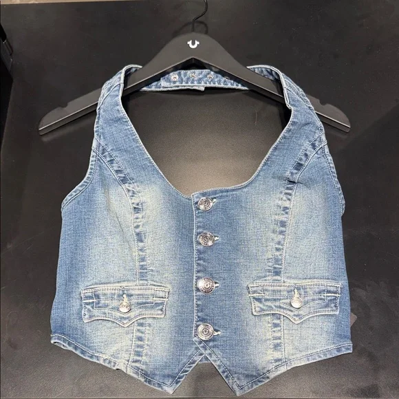 True Religion Light Blue Denim Crop Vest - Picture 1 of 2